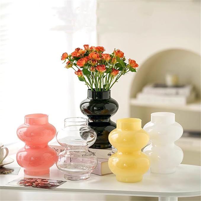 JSPYFITS Glass Hydroponic Flower Vase, Double Balls Colored Glasses Bubble Vases for Flower, 7 Inches Glass Funky Vase for Home/Office/Weddings/Party Table Décor (White)