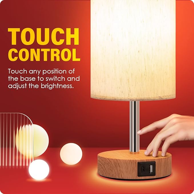 Yarra-Decor Bedside Lamp with USB A+C Charging Ports Set of Two - Touch Control Table Lamp for Wood 3 Way Dimmable Nightstand Lamp with Round Flaxen Fabric Shade (LED Bulb Included) (Y4-2 Pack)