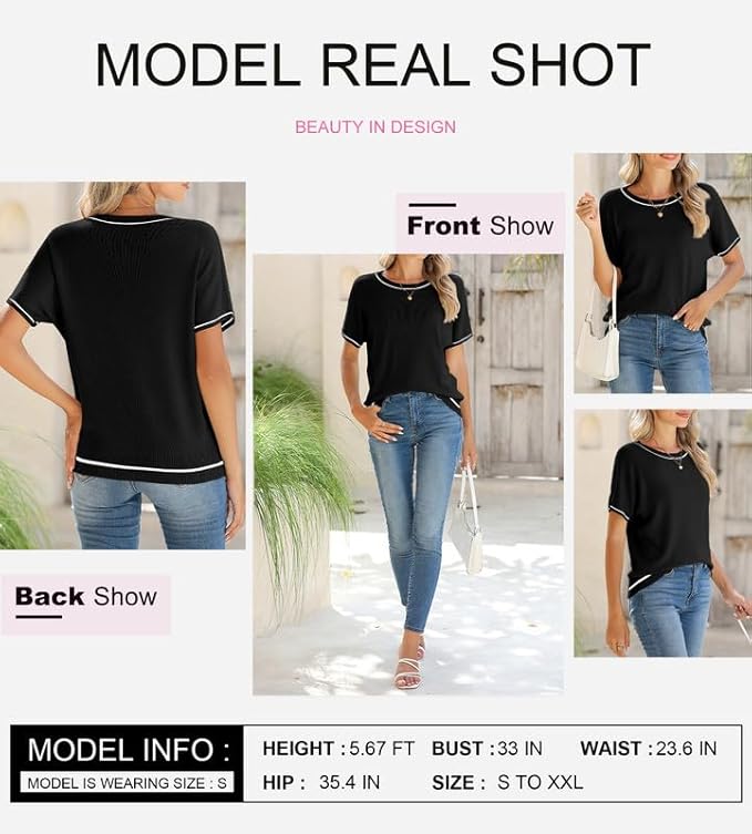 SHEWIN Womens Tops Trendy Short Sleeve Shirts Crewneck Lightweight Knit Sweater Top Business Casual Outfits
