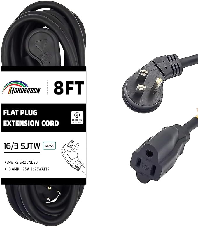 Flat Plug Indoor Extension Cord, UL Certified, 16 Gauge 8FT Black 3 Prong Heavy Duty, 16/3 SJTW 13A Power Cord for Lights, Appliances, Home