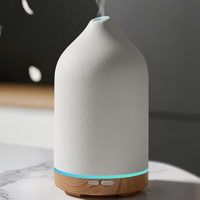 URPOWER 120ML Ceramic Essential Oil Diffuser, Ultrasonic Aromatherapy Diffuser with 7-Color Lights, Auto Shut-Off, Quiet Oil Diffuser for Bedroom, Home Office