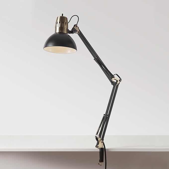 Globe Electric 62000009 32" Multi-Joint Desk Lamp with Metal Clamp, Matte Black, Antique Brass Accents, On/Off Rotary Switch on Shade, Partially Adjustable Swing Arm, Home Décor, Office Accessory