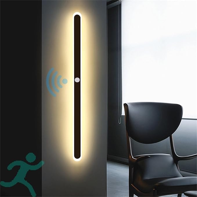 Modern LED Wall Sconce with Motion Sensor Interior Acrylic Black Wall Lamp Indoor Minimalist Long Wall Light Inside Lighting Fixtures for Living Room Bathroom Front Door Bedroom (100CM,Warm Light)