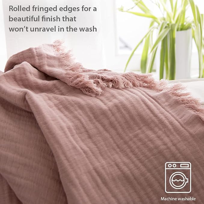 Simple&Opulence Cotton Muslin Throw Blanket for Bed, Couch, Knit Woven Gauze Blanket with Tassels, Soft Lightweight Cozy Pre-Washed Breathable Farmhouse Decoration for All-Season (Dusty Rose)