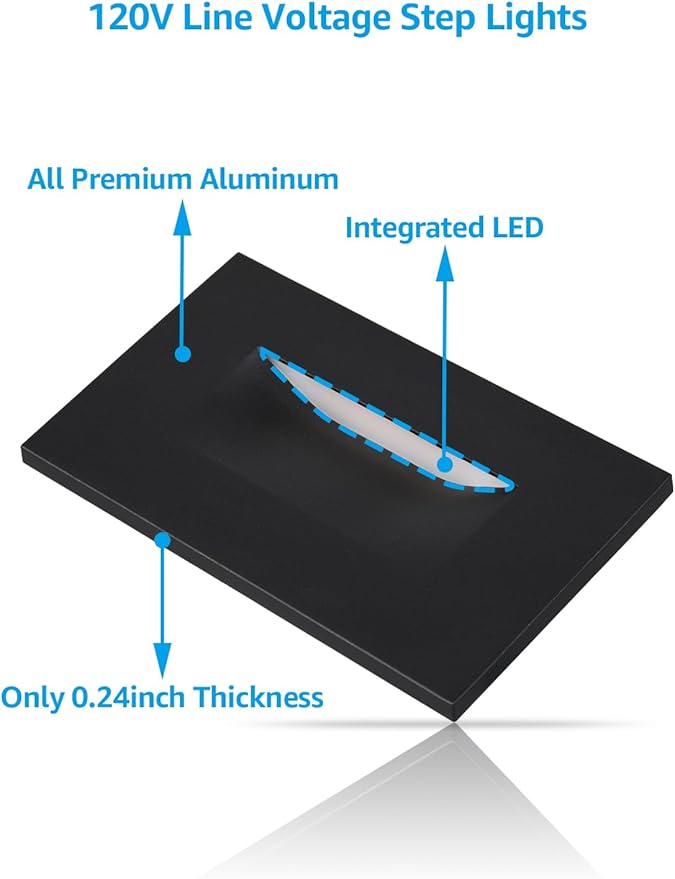 LEONLITE Black 5CCT 120V LED Step Lights, 3.5W 150LM 5%-100% Dimmable Horizontal Stair Lights Indoor Outdoor Wet Location, CRI90+ & ETL, 2700K/3000K/3500K/4000K/5000K, Aluminum, Pack of 3