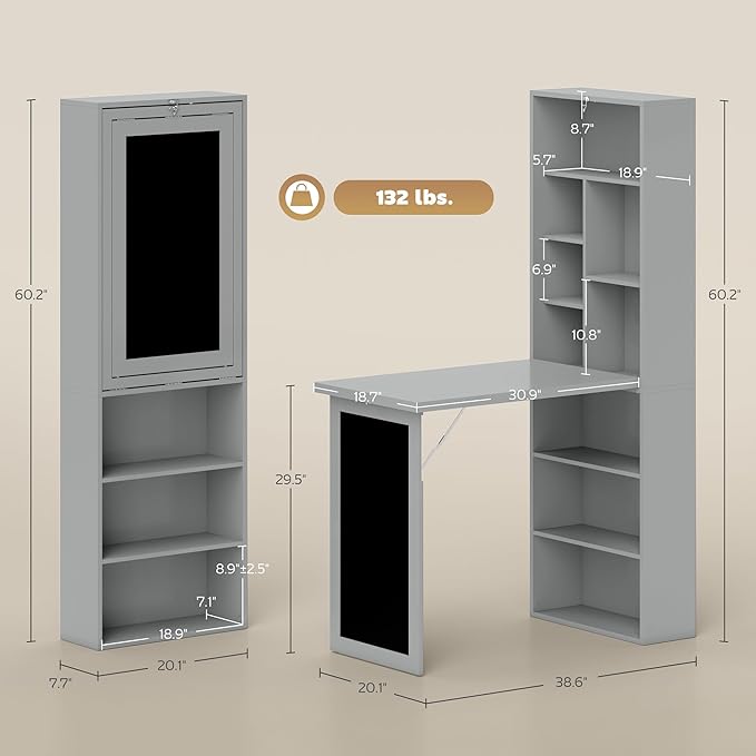 HOMCOM Foldable Desk Wall Mounted Convertible Table for Small Spaces, Gray | Wall Mounted, Space-Saving, Chalkboard, Storage Shelves, for Small Spaces, Home Office, Bedroom, Dorm, Apartment