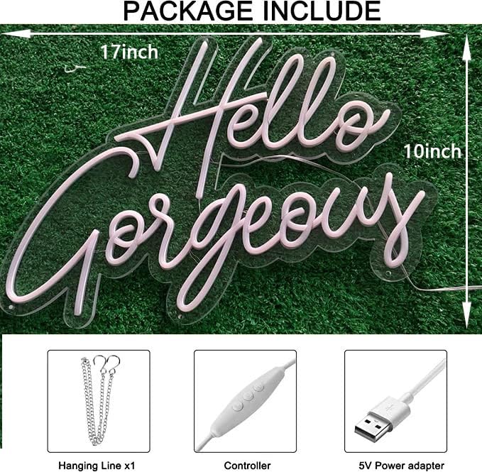 Hello Gorgeous LED Neon Sign Glow Night Light Neon Wall Birthday Party Wedding Bar Club Pink Background Decoration Dimmable Switch Daughter Women Mom Girl Gift USB Powered 5V