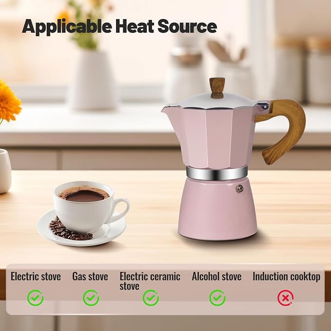12 Cup Aluminum Moka Pot Classic Stovetop Espresso Coffee Maker 600ml 20oz Coffeemaker Percolator Mocha Pot Greca Coffee Maker Cafe Makers for Italian and Cuban Café Brewing Pink