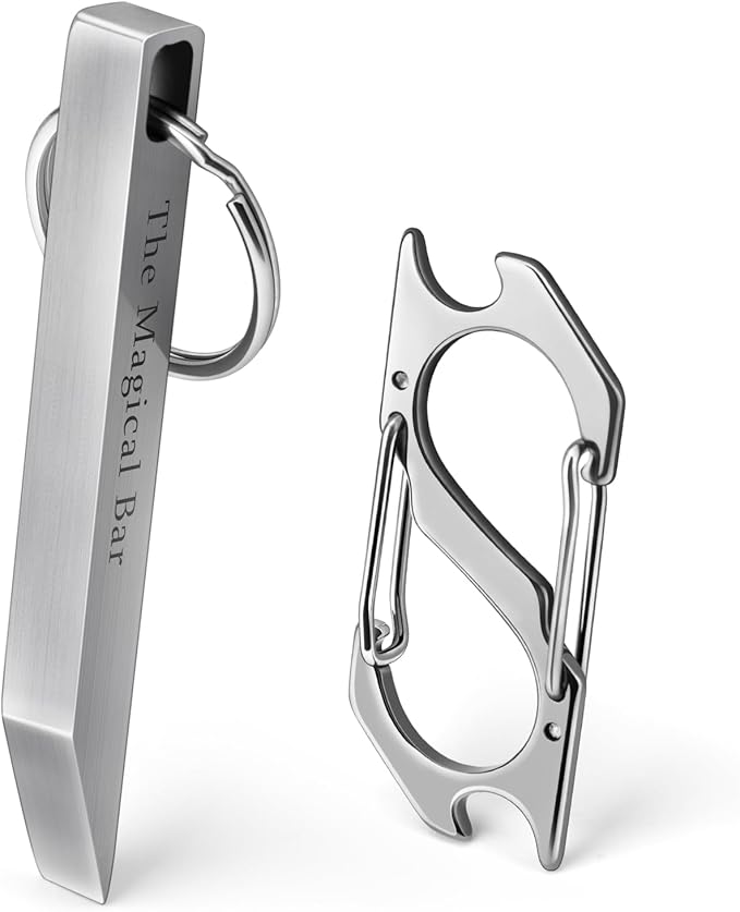 EDC Pry Bar with Carabiner, Heavy Duty Keychain Prybar Tool, Mini Stainless Steel Multi Tool, Everyday Carry for Men Women, Minimalist Tool for Opening Boxes, Turning Screws