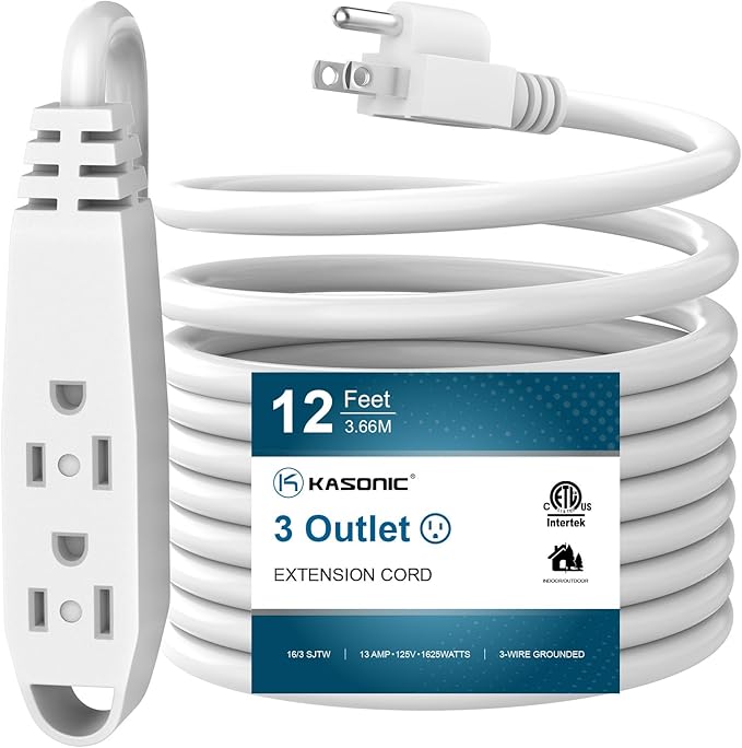 K KASONIC - 12-Feet 3 Outlet Extension Cord, UL Listed, 16/3 SJTW 3-Wire Grounded, 13 Amp 125 V 1625 Watts, Multi-Outlet Indoor/Outdoor Use, White