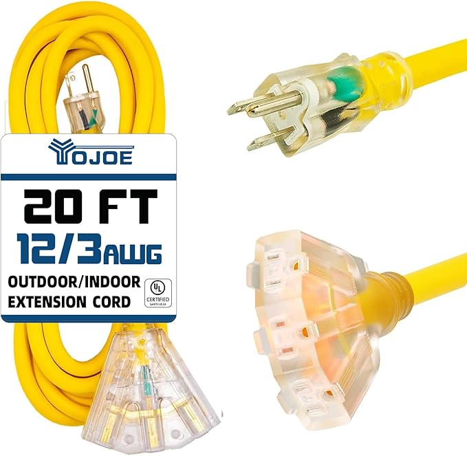 YOJOE 3-Outlets Indoor Outdoor Extension Cord with Lighted End, 3 Prong 15A Weatherproof Power Cord, 12 Gauge Heavy Duty 20 ft Yellow Extension Cord Multiple Outlets, 12/3 SJTW UL Listed