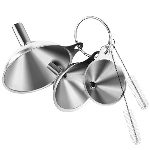 6 Pcs Stainless Steel Mini Funnels for Kitchen use. Large Tiny Small Funnel Set of 3, Metal Cooking Powder Food Grade Flask Funnels for Filling Bottles Liquor Water Spice, 2Pcs Cleaning Brushes VOPTON