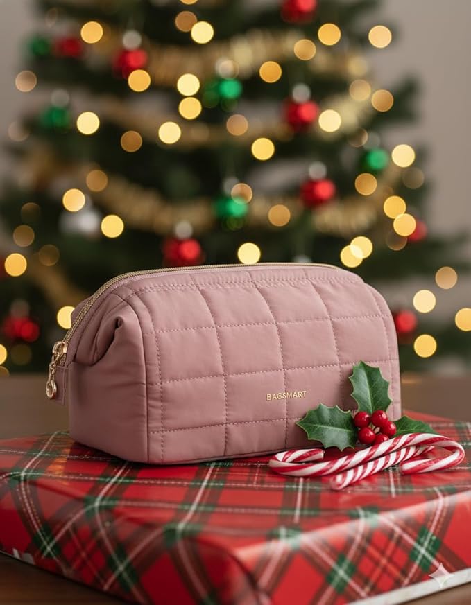 BAGSMART Makeup Bag Travel Toiletry Bag, Wide-open Zipper Pouch, Dark Pink | Puffy Padded, Travel Essentials, Make Up Bag, For Women, Makeup Organizer, Toiletries Accessories Brushes