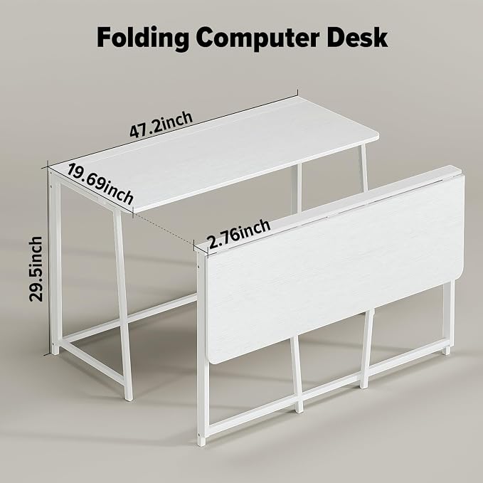 WOHOMO Folding Desk, 47.2" Foldable Computer Desk for Bedroom, Space Saving Computer Table Writing Workstation for Home Office, Easy Assembly, White | Easy Assembly and Fold, Sturdy Home office desks for Study Bedroom Dorm Space Saving Writing Work Apa...
