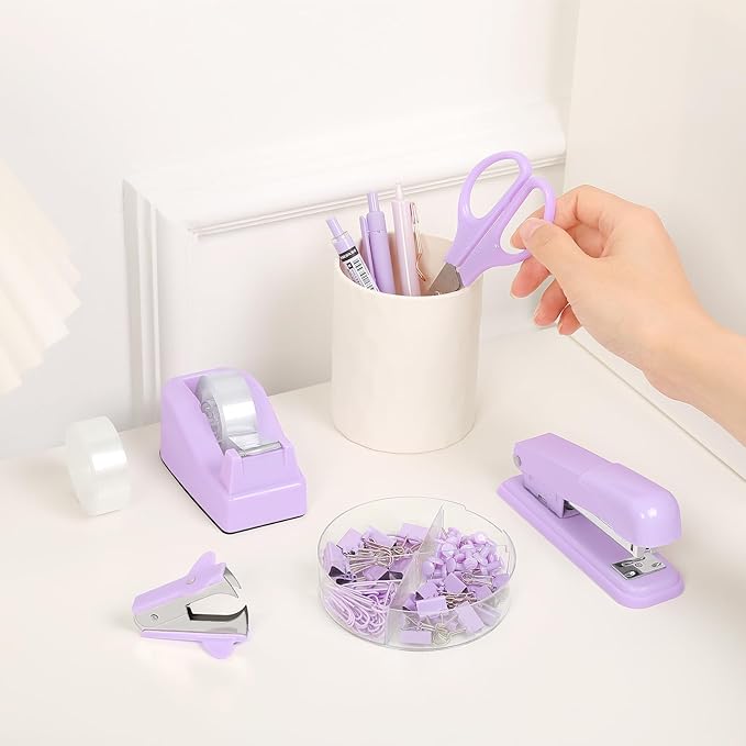 SKYDUE Purple Desk Accessories, Purple Office Supplies Set, Stapler, Tape Dispenser, Scissors, Binder/Paper Clips and 1000pcs Staples,Office Supplies for Women