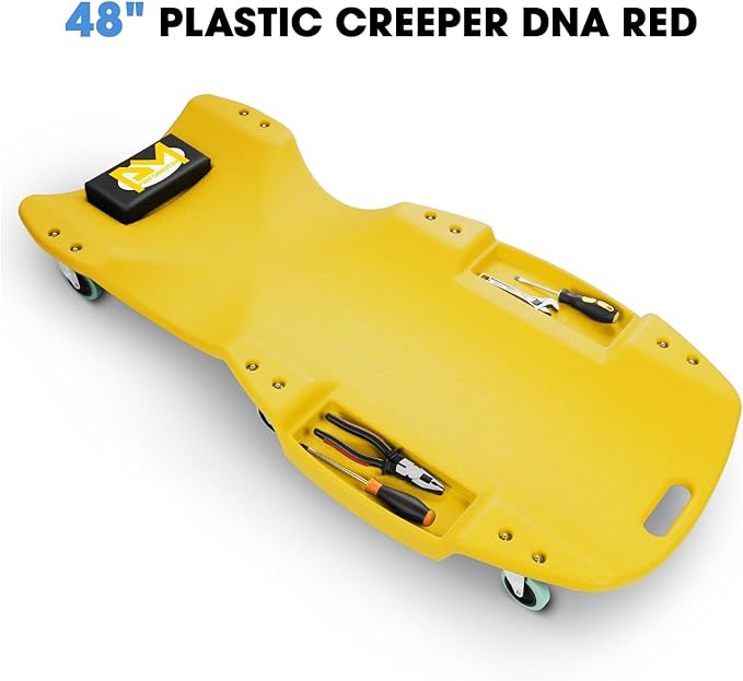 PM PERFORMOTOR Inches Heavy-Duty Low-Profile Roller Automotive Creeper with Padded Headrest, Yellow, PM-TOL-CPC48-YL