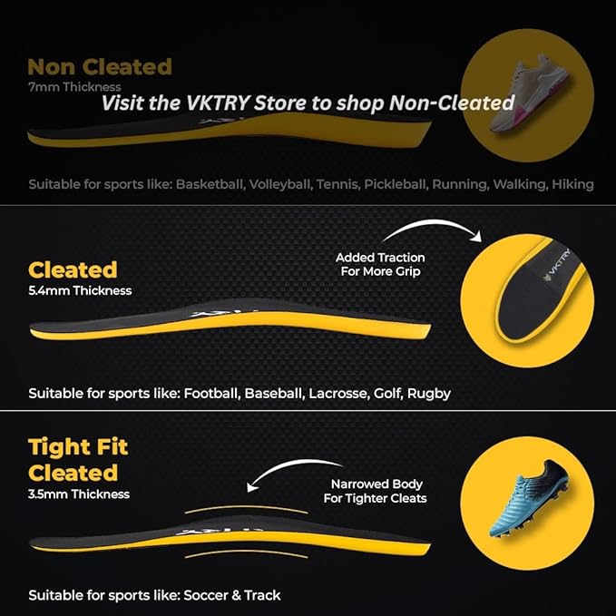 VKTRY Gold for Cleated Shoes - Carbon Fiber Performance Insoles Customized Athletic Inserts for Football, Baseball, Soccer, Golf, Lax & More | Run Fast, Jump High, US M6-6.5, W8-8.5, 121-170lb