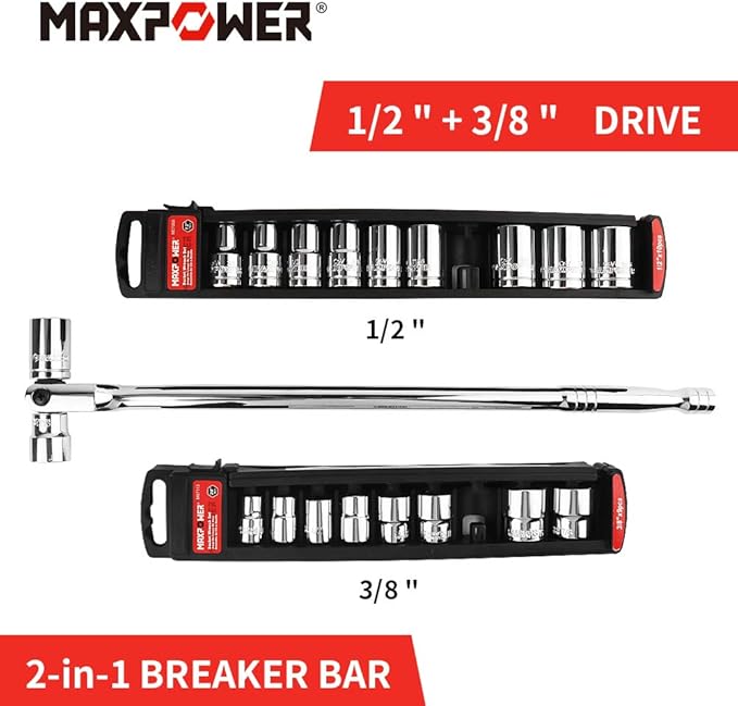 MAXPOWER Dual drive Breaker Bar 1/2" and 3/8", 18 inch Long, Flex Handle for Breaks Loose Fasteners, Cr-V Steel, 360-degree Rotating, Comforable Grips Handle