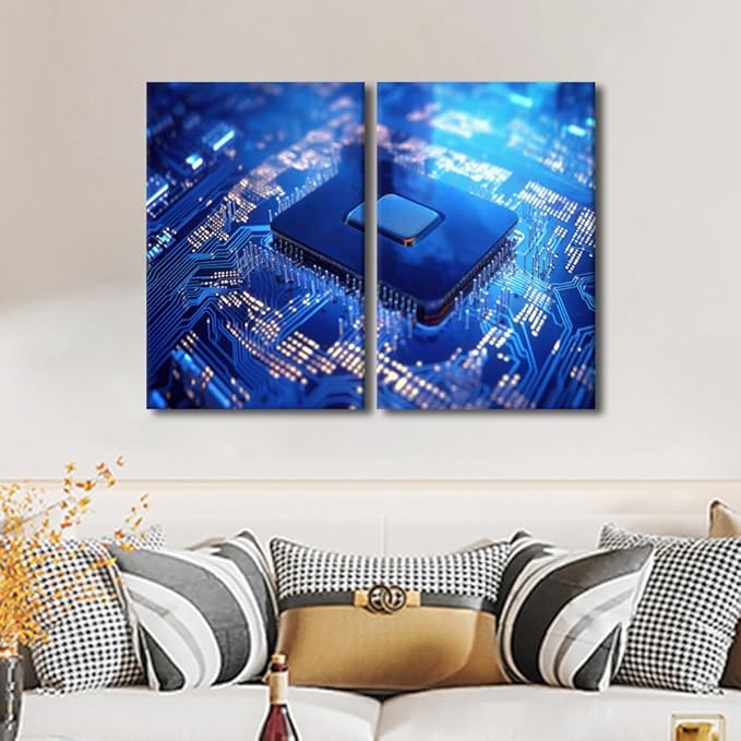 3 Pieces Circuit Board Decor Pictures Paintings Semiconductor Chip Canvas Wall Art Artwok Home Decor for Living Room Minimalism Giclee Stretched Framed Art Ready to Hang, 24" Wx16 H