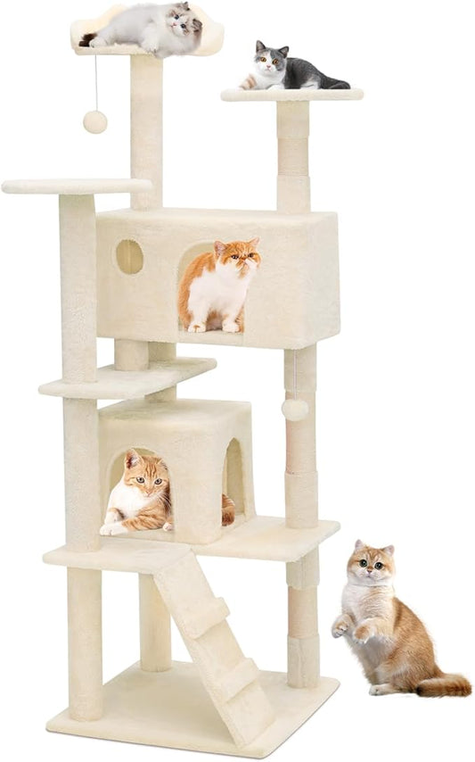 Athena Collection Cat Tree - 62"Multilevel Cat Scratching Post & Condo, Dangling Ball Activity Center for Indoor Cats, Beige
