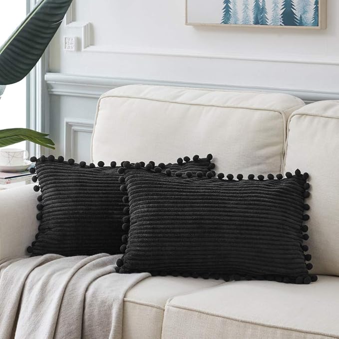 Fancy Homi 2 Pack Black Lumbar Decorative Throw Pillow Covers 14x24 Inch with Pom-poms for Couch Bedroom Sofa, Farmhouse Boho Home Decor, Soft Corduroy Solid Rectangle Cushion Case 35x60 cm