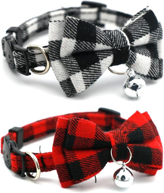 Breakaway Cat Collar with Bell and Bow, 2-Pack Plaid Kitten Collar with Bell, Bowtie Puppy Collars for XXS Xs Small Little Pet Tiny Dogs, Red+White