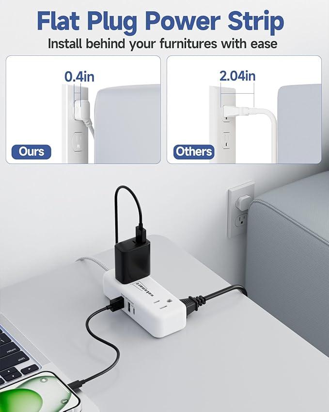 Flat Extension Cord 25 FT with 4 AC Outlets 3 USB Ports (5V/3.4A 17W), 25Ft Long Braided Cord for Home Office Dorm