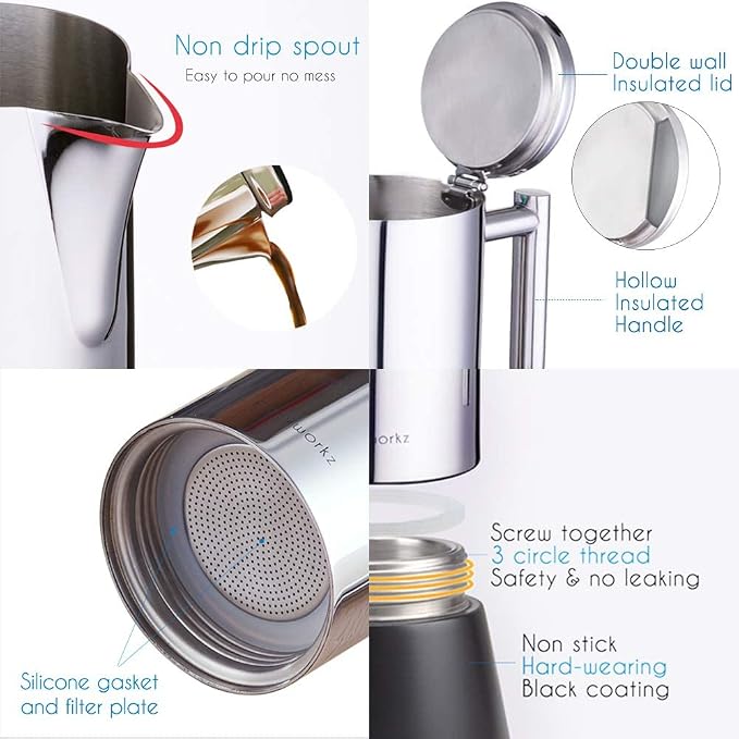 Easyworkz Diego Stovetop Espresso Maker Stainless Steel Italian Coffee Machine Maker 4Cup 6.8 oz Induction Moka Pot