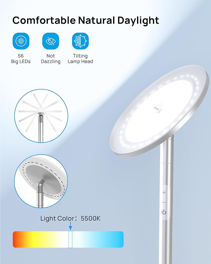 TROND Floor Lamp, LED Torchiere Uplight Lamp, 5 Brightness Aluminum Modern Standing Light, 5500K Natural Daylight, 5000 lm, 71in Tall, 30 Mins Timer, Detachable, for Office Living Room Bedroom, Silver