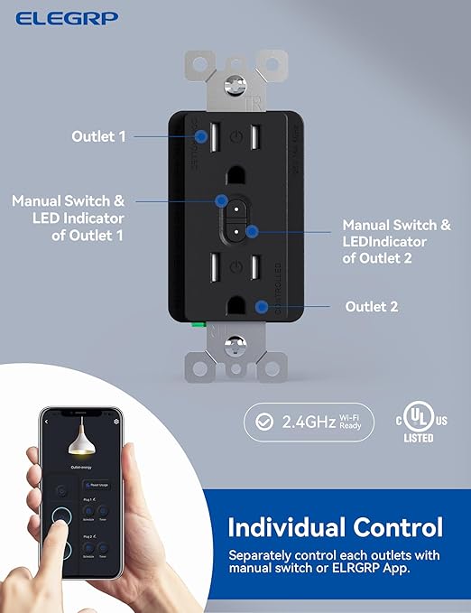 ELEGRP Smart Plug, Smart in-Wall Outlet Compatible with Alexa and Google Assistant, 2.4GHz Wi-Fi Smart Receptacle with Energy Monitoring, No Hub Required, UL Listed, Black, 6 Pack