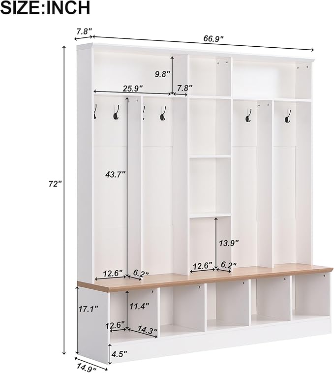Merax 72'' H Hall Tree with Shoe Storage Bench, Modern Hall Tree with Storage Shelves & 8 Hooks, Coat Rack for Entryway, Mudroom, Hallway, Living Room,White