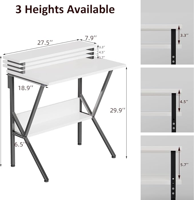 COTUBLR Small Desk, Small Computer Desk for Spaces, 27.5 Inch Computer Desk with Adjustable Monitor Stand, Compact Desk with Storage for Bedroom Home Office, White Tabletop+Black Frame
