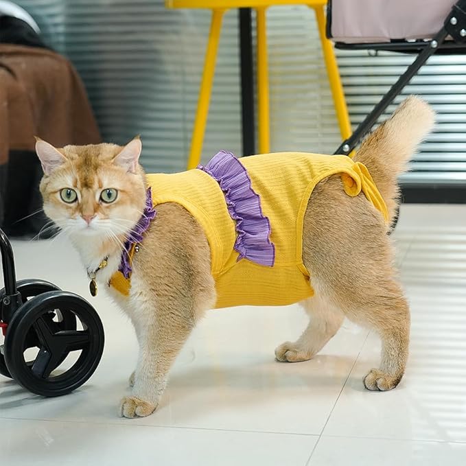 Cat Recovery Suit,Kitten Onesie After Surgery,E-Collar Alternative for Abdominal Wound and Skin Diseases,Soft Breathable Bodysuit After Spay（Yellow-s）