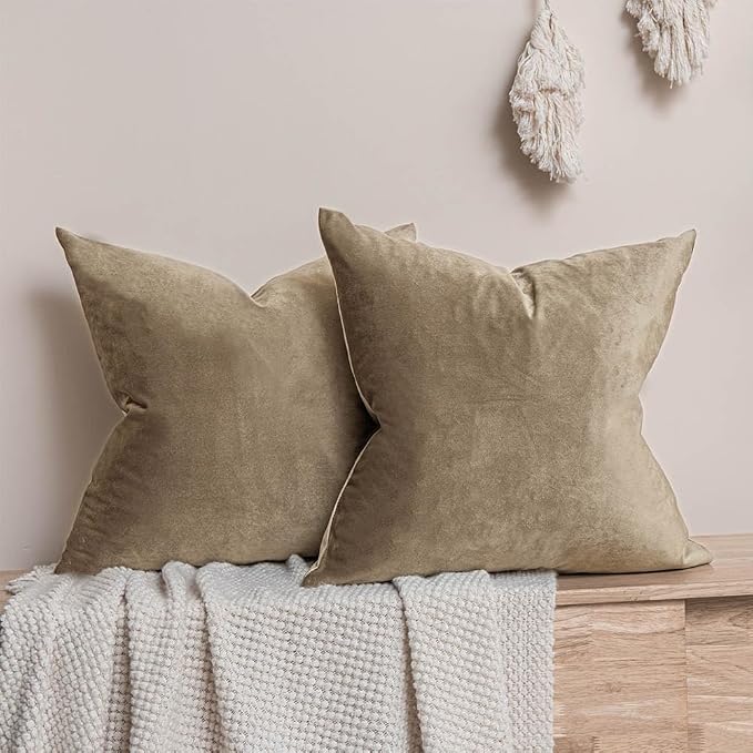 22x22 Velvet Throw Pillow Covers Set of 2 for Couch Sofa Bed,Stone | JUSPURBET Decorative Pillow Covers with Invisible Zipper for Modern Living Room Bedroom Home Decor