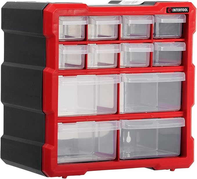 INTERTOOL Small Parts Organizer - 12 Removeable Bin Drawers - Tool Box for Storing Hardware and Garage Organization - For Screws, Bolts, Legos, Arts and Crafts - 10” x 10” x 6” - BX08-4024