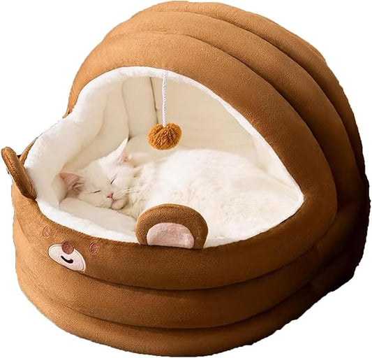 Cat Bed for Indoor Cats, Dog Bed with Anti-Slip Bottom, Rabbit-Shaped Cat/Small Dog Cave with Hanging Toy, Puppy Beds with Removable Cotton Pad, Super Soft Calming Pet Sofa Bed (Brown, Small)