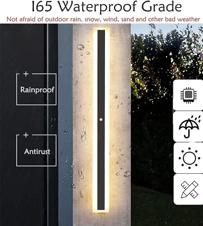 Motion Sensor Wall Light Black Metal IP65 Waterproof Wall Sconces Bedside Decoration Background Linear Lighting Wall Lamp Warm White Long Strip for Corridor Patio Courtya,60cm