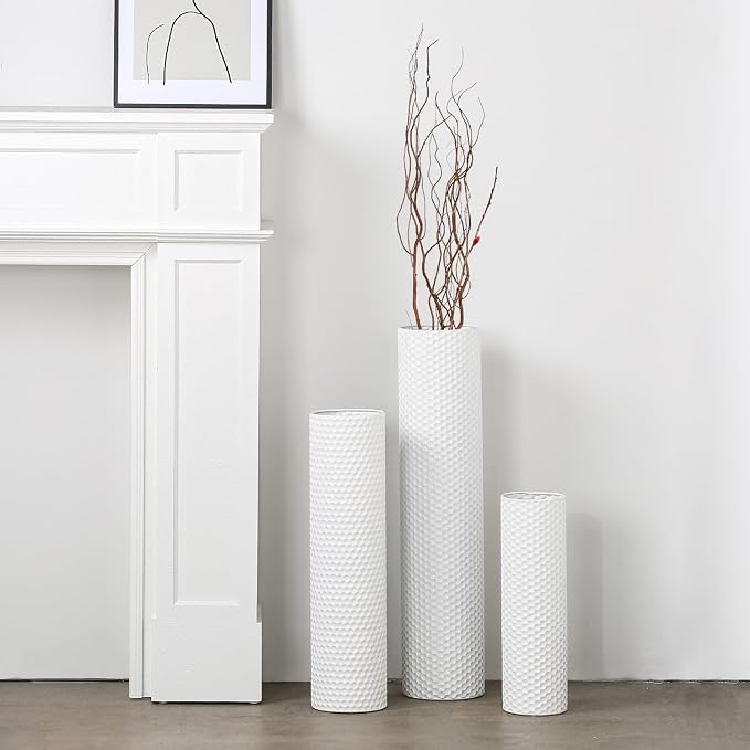 Dnnnii Tall Floor Vases Set of 3 - White Metal Cylinder Vases for Living Room Corner, Modern Honeycomb Texture, Extra Large Standing Decor (Tallest 27.6in, Home Bedroom Dining Decor)