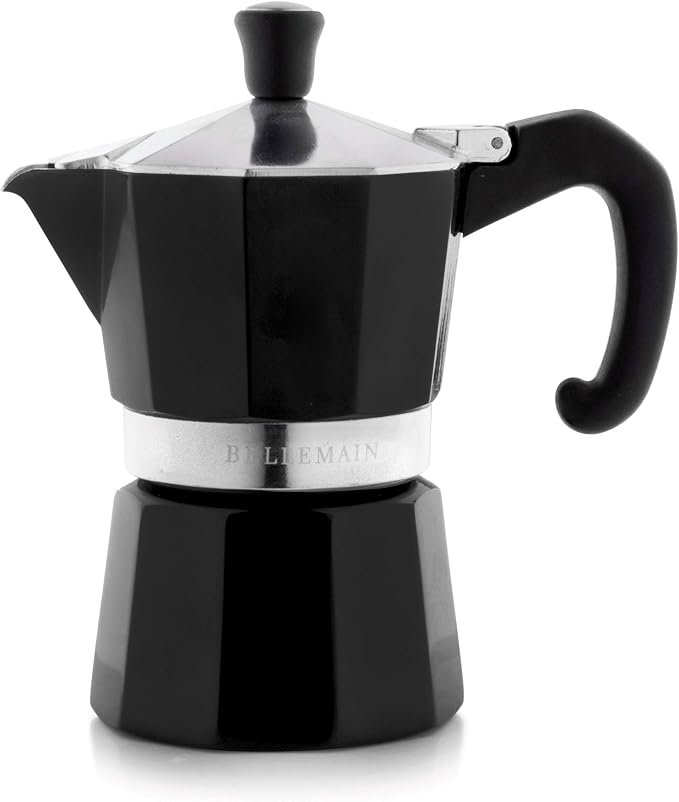 Bellemain Stovetop Espresso Maker, Italian Moka Pot, 3-Cup Black | Classic aluminum design brews rich espresso at home or camping, with an easy-to-use and easy-to-clean design.