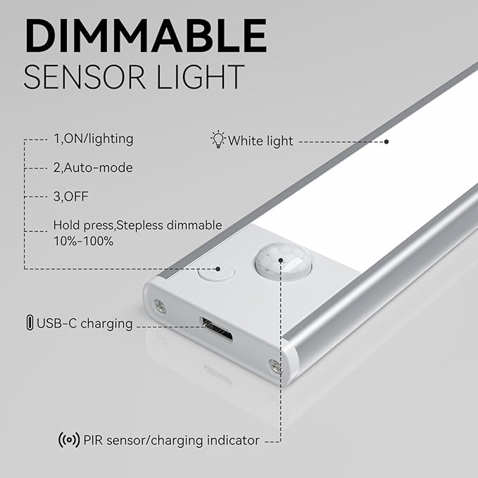 Under Cabinet Lighting, LED Magnetic Motion Activated Under Cabinet Lights, Rechargeable Closet Lights 1800mAh Battery Operated, Wireless Dimmable Under Counter Lights for Kitchen,Hallway 2 Pack