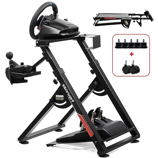GTPLAYER Sim Racing Wheel Stand Simulator Cockpit Wheel Stand fit for Logitech G25 G27 G29 G920 G923 Thrustmaster T330TS Gaming Stand Wheel Pedals NOT Included, Deep Black With Cup Holder