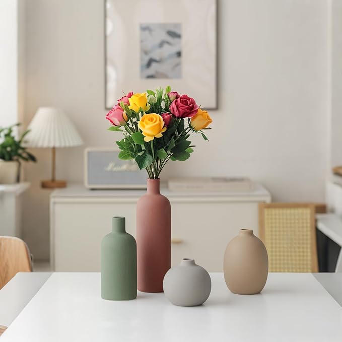 Modern Ceramic Vase Set, Neutral Colors, Decorative Vases for Home Decor, 4 Piece Collection (Green Mix Set 4)