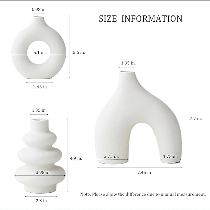 White Ceramic Vases Set of 3, Minimalist Nordic Modern Style, Round Donut Vase for Dried Flowers, Pampas Grass & Fresh Blooms,Boho Home Decor for Table Shelf Living Room Office (White)