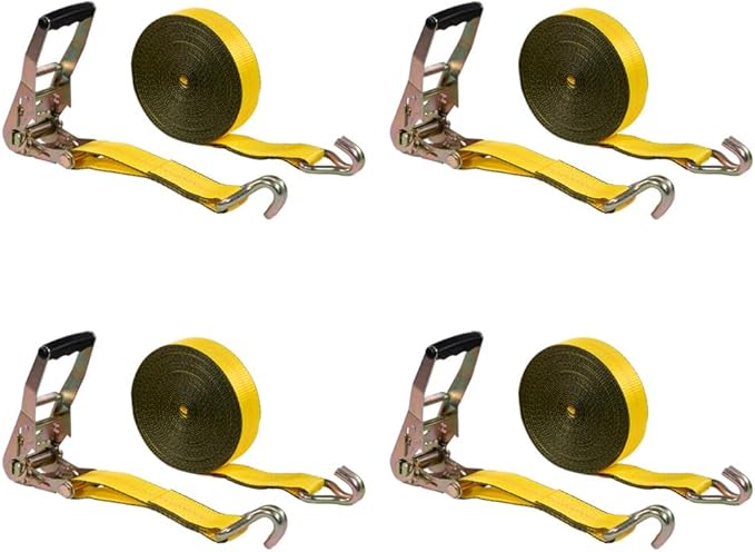 Mytee Products 4 Pack 2" x40' Yellow Ratchet Strap with J Hooks - 10,000 Lbs Breaking Strength - Heavy Duty Tie Down Cargo Truck Straps with Wire Hooks for Flatbed, Truck, Trailers Pickup