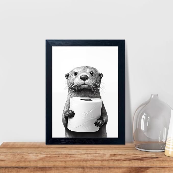 Framed Animal Bathroom Wall Art, Funny Bathroom Wall Decor, Toilet Paper in Raccoon's Hand, Black and White Canvas Print Picture Artwork for Hme