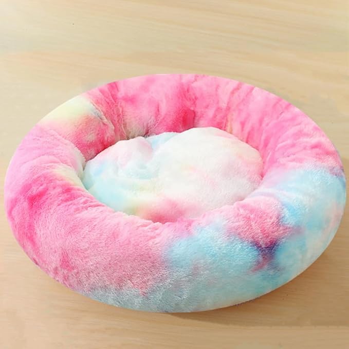 Large Calming Dog Bed, 40 Inch Anti-Anxiety Donut Dog Cuddler Cat Bed, Warming Cozy Soft Dogs Round Bed, Fluffy Faux Fur Machine Washable Pet Cushion for Medium Large Dogs & Cats (Rainbow)