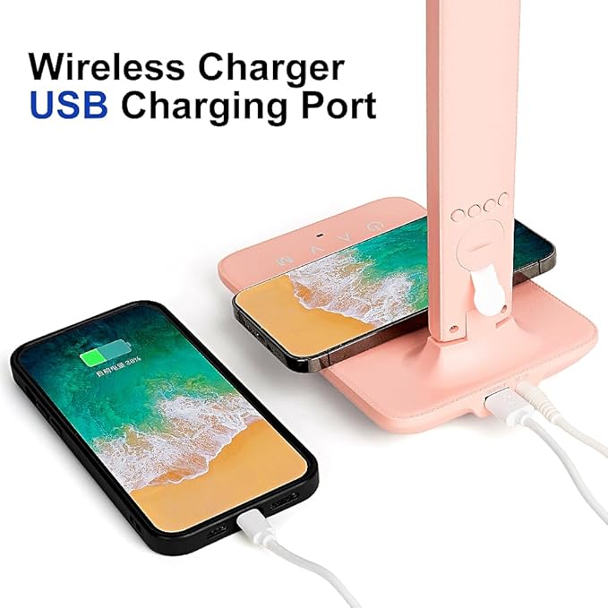 Multifunctional LED Desk Lamp with Wireless Charger,USB Charging Port,Clock,Phone Holder,Desk Lamps for Home Office,Eye-Caring Reading Lamp,Study Lamp for Boys,Girls,Teens,Pink