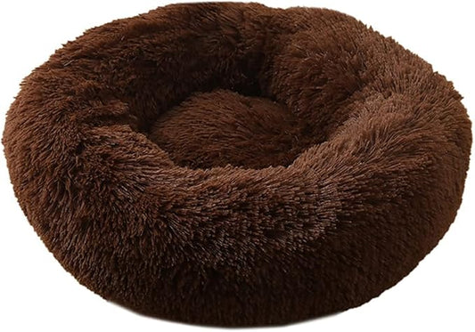 Calming Faux Fur Dog Beds Calming Donut Cuddler Dog Bed Washable Round Cat Bed Pillow Cuddler Fluffy Indoor Dog Calming Beds with Anti Slip Bottom Solid Color Coffee 39 Inch