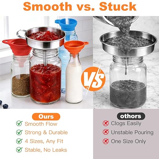 No-Spill Funnel Set with Strainer for Hot Oil,3 Collapsible Silicone Funnels & 1 Stainless Steel Funnel,Food Grade,with Brush,Hook & Storage Bag for Filling Bottles,Liquids,Dry Ingredients