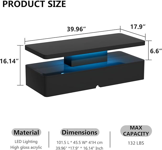 oneinmil Modern LED Coffee Table, 40" Living Room Tables with 16 Colors LED Lights, Double-Layer Design, Stylish Coffee Tables for Living Room, Black